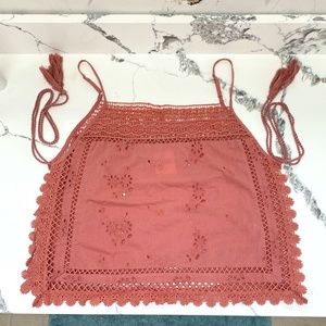 [Free People] Size L - Boho Rose Embroidered Bib Side-tie Top